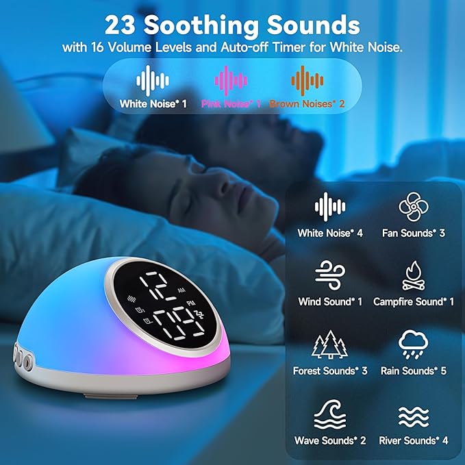 Alarm Clocks Bedrooms Sleep Sounds, Digital Dual Alarm Clock Bedroom, Bedside Alarm Clock Adjustable Brightness Button/App Control Night Light White Noises 12/24H Up to 10 Alarms, White