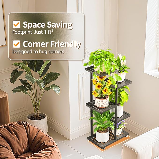 LASZOLA 4 Tier Plant Stand Indoors Outdoors for Large Heavy Duty Planter, Black Metal Tall Flower Holder Rack with Multiple Shelf for Modern Patio Corner, Vertical Organizer, Weather Resistant Bracket