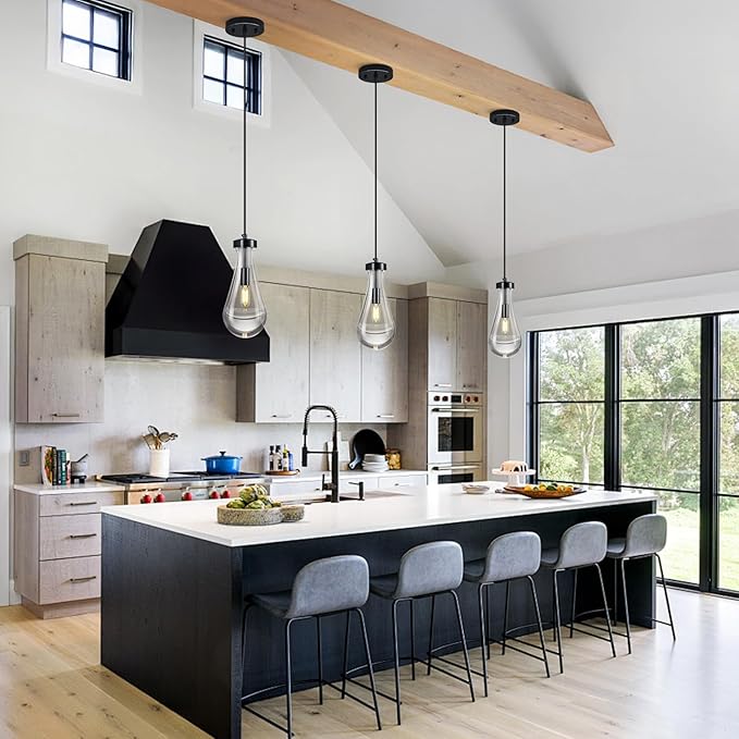 Raindrop Pendant Lights Kitchen Island Teardrop PlatingBlack Hanging Light Clear Solid Glass Pendant Light Modern Chandeliers for Dining Room Porch Corridor Living Room(PlatingBlack 1-Pack)