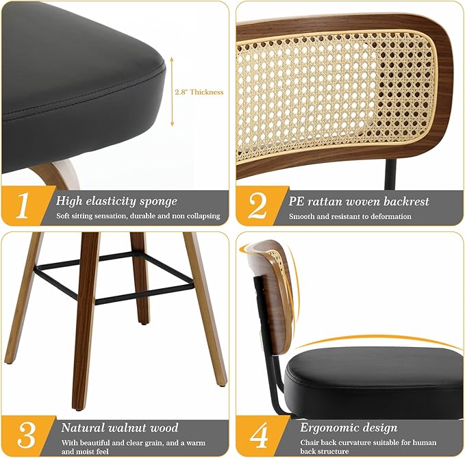 Swivel Bar Stools Set of 4, Upholstered Faux Leather Barstools with Rattan Back, 29" Seat Height Bar Chairs for Kitchen Island, Bentwood Wood Frame, Black