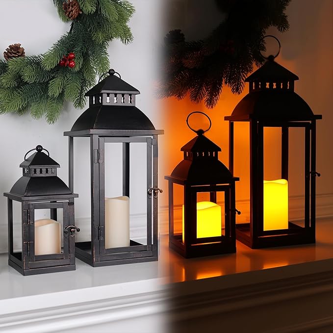 NEEDOMO LED Lanterns Decorative Outdoor&Indoor, Set of 2 Large Bronze Metal Lantern Decor with LED Candle, Lantern Decor for Porch, Patio, Garden, Balcony, Wedding, Spring Decorations (NO Glass)