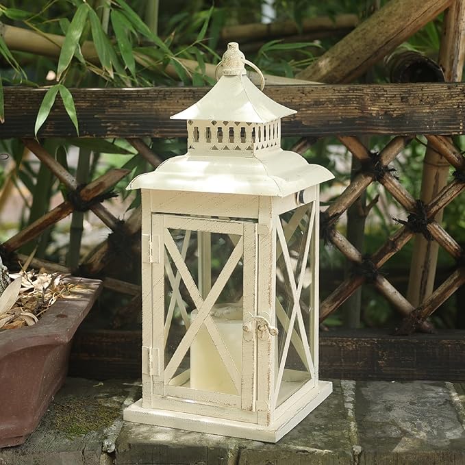 DECORKEY Lantern Decorative Indoor & Outdoor,Large Square Hanging Spring Home Decor, Vintage Metal Decorative Candle Lanterns for Outdoor Patio Wedding Party Beige with Copper Brush