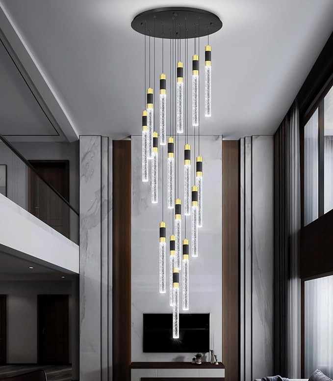 16-Lights 138 Inches Modern Chandelier LED Light Fixtures Adjustable High Ceiling Long Light Chandelier for Hallway Foyer Dimmable Lights with Remote Living Dining Ceiling Pendant Lighting
