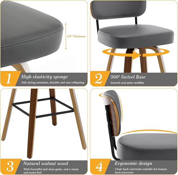 Swivel Counter Height Bar Stools Set of 4, 26" Upholstered Faux Leather Barstools with Back and Bent Wood Legs, Mid Century Modern Bar Chair Island Stool for Kitchen Counter, Grey