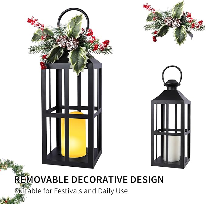 Bdor 2 Pack Christmas Lantern Decoration with LED Flameless Candle, Pinecones & Holly Berries, Holiday Tabletop or Porch Decor, Battery Operated Christmas Lighting