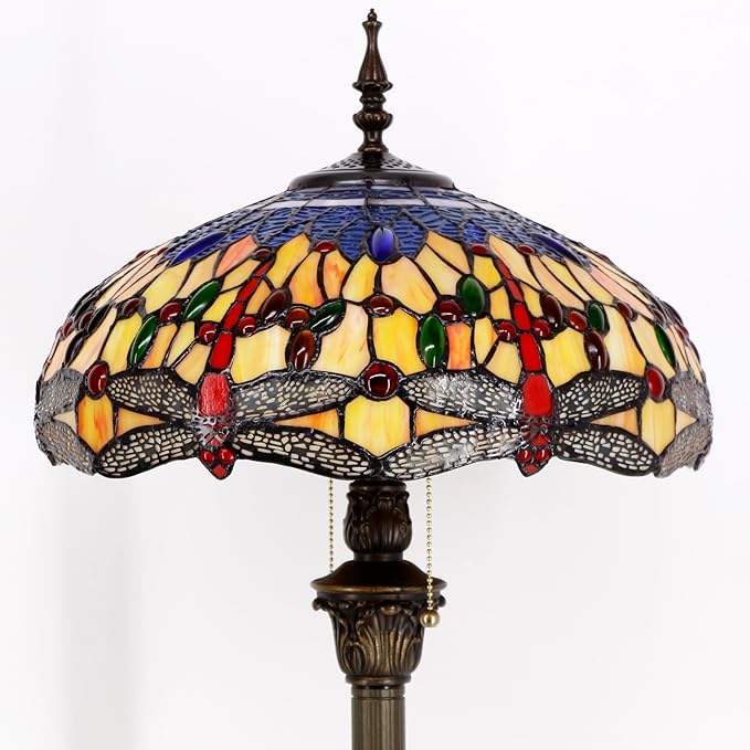 WERFACTORY Tiffany Floor Lamp Blue Yellow Dragonfly Stained Glass Standing Reading Light 16X16X64 Inches Antique Pole Corner Lamp Decor Bedroom Living Room Home Office S168 Series