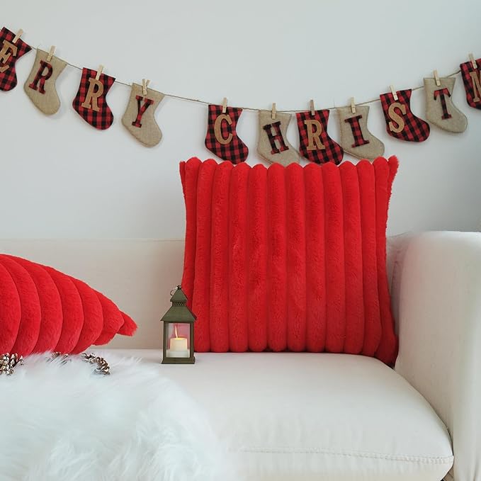 JOJUSIS Pack of 2 Faux Fur Plush Decorative Christmas Red Throw Pillow Covers Couch Cushion Case Soft Pillowcases (Red, 20 x 20-Inch)