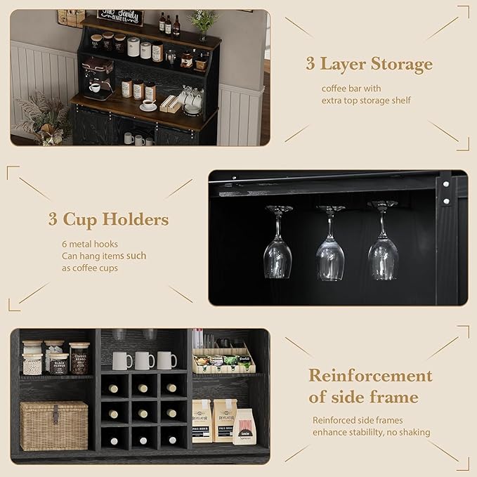 47 Inch Farmhouse Coffee Bar Cabinet with 3-Tier Storage, Coffee Bar Hutch with 9 Wine Racks, 3 Glass Holders, 6 Hooks, Kitchen Hutch for Dining Living Room, Black