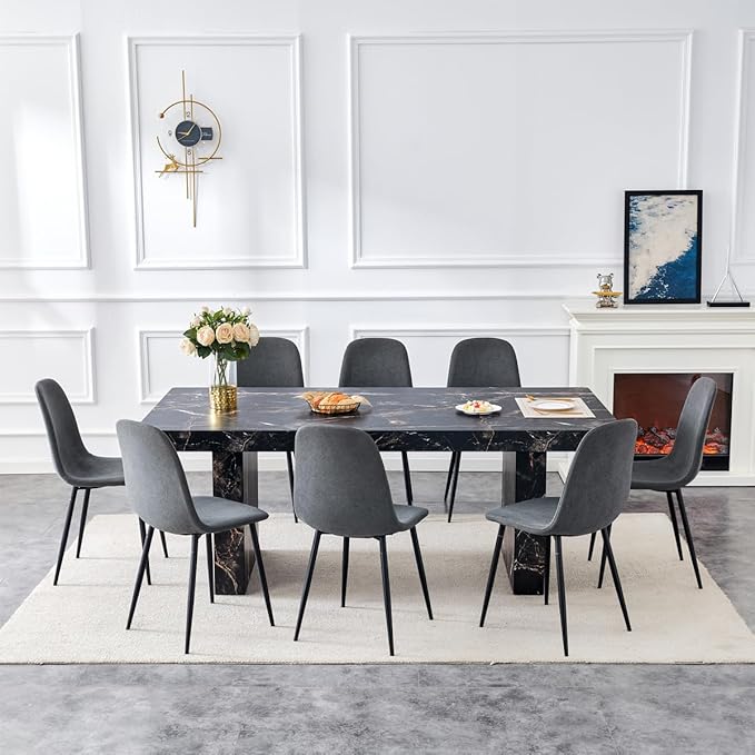79" Marble Dining Table Set｜Modern Dining Table Set with 8 Artificial Leather Chairs｜Engineered Wood with Marble Pattern Tabletop｜Widened and Stable Tablelegs｜Easy Assembly
