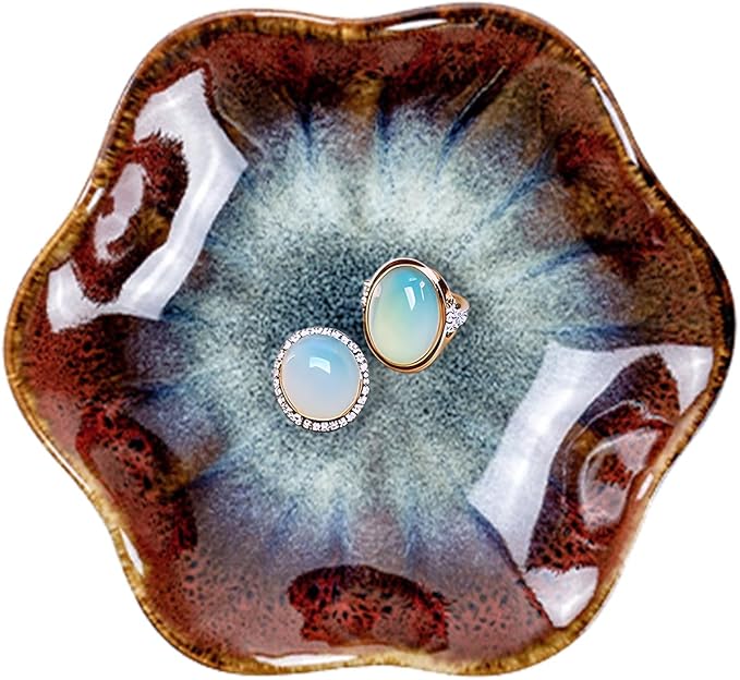 Ceramic Trinket Dish, Ring Tray, Decorative Jewelry Dish, Decoration Plate for Earrings, Rings, Jewelry Dish Holder, Key Bowl, Trinket Tray, Earring Holder for Women (Ink Red)