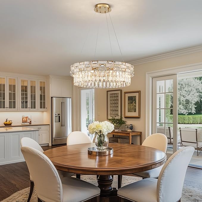 Morden Crystal Chandeliers for Dining Room 8 Lights Gold Chandelier Round Crystal Chandelier Pendant Light Fixture Kitchen Island Entryway Living Room 23" D x 8.7" H