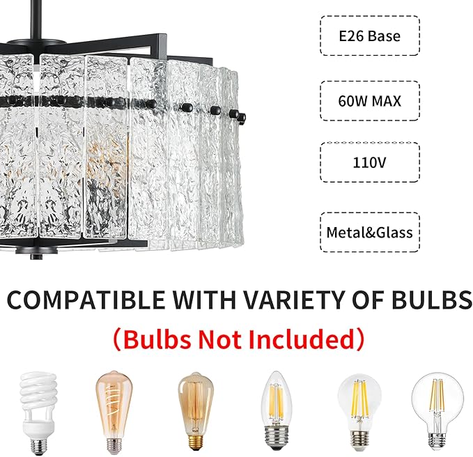 Modern Chandeliers for Dining Room,20" Black Luxury Water Ripple Glass Bedroom Light Fixture,5-Light Glass Pendant Lights Kitchen Island for Living Room,Foyer