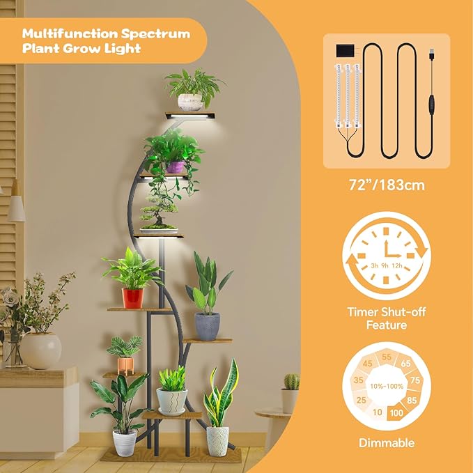 Plant Stand indoor with Grow Lights, 8 Tiered 62" Tall Metal Plant Shelf for indoor Plants Multiple, S-Shaped FlowelDisplay Rack for Living Room, Home, Balcony, Patio & Garden
