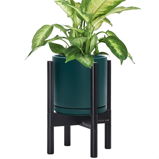 D'vine Dev Ceramic Planter with Ebony Stand - 8 Inch Modern Round Flower Pot with Wood Planter Holder, Teal, 55-B-M-4