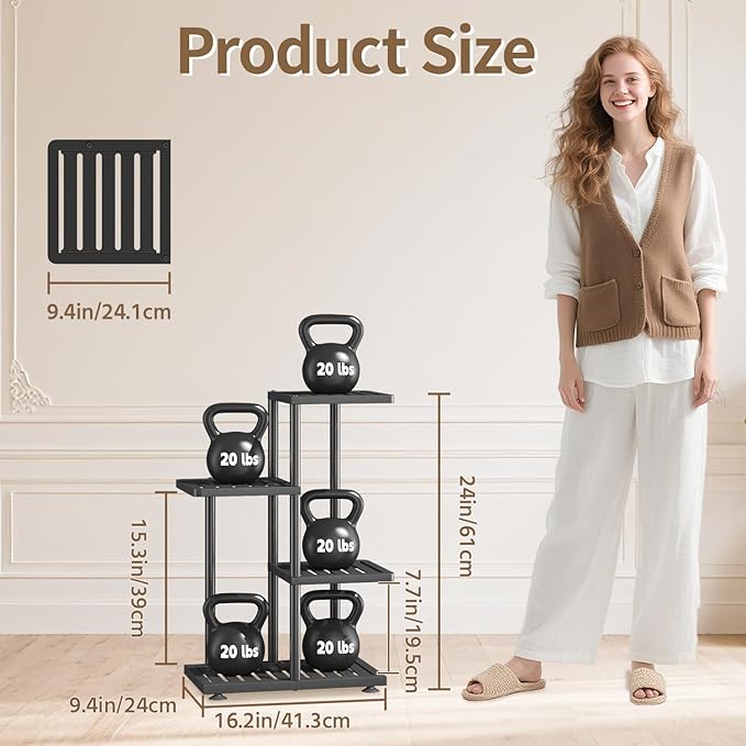 LASZOLA 3 Tier Plant Stand Indoors Outdoors for Large Heavy Duty Planter, Black Metal Tall Flower Holder Rack with Multiple Shelf for Modern Patio Corner, Vertical Organizer, Weather Resistant Bracket