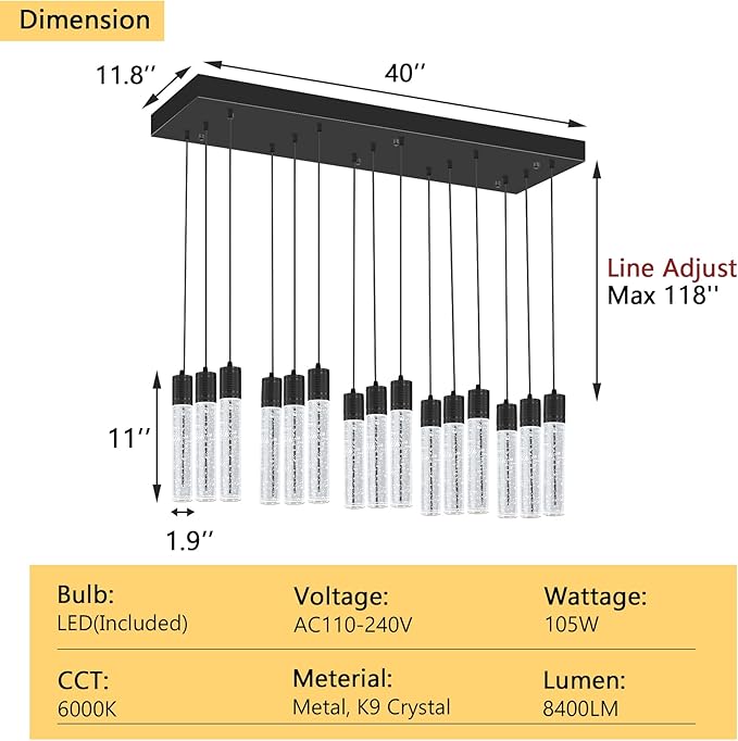15-Lights Modern LED Pendant Lighting Fixture for Kitchen Island Crystal Chandelier Light Fixtures for Dining Room