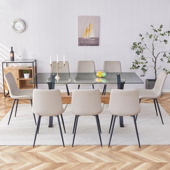 9 Piece Glass Dining Table Set, Kitchen Table Chairs Set for 8, 71'' Dining Table with 0.4" Tempered Glass Tabletop with Plated Metal Legs and MDF Crossbar, 8 PU Chairs for Dining Room, Kitchen.