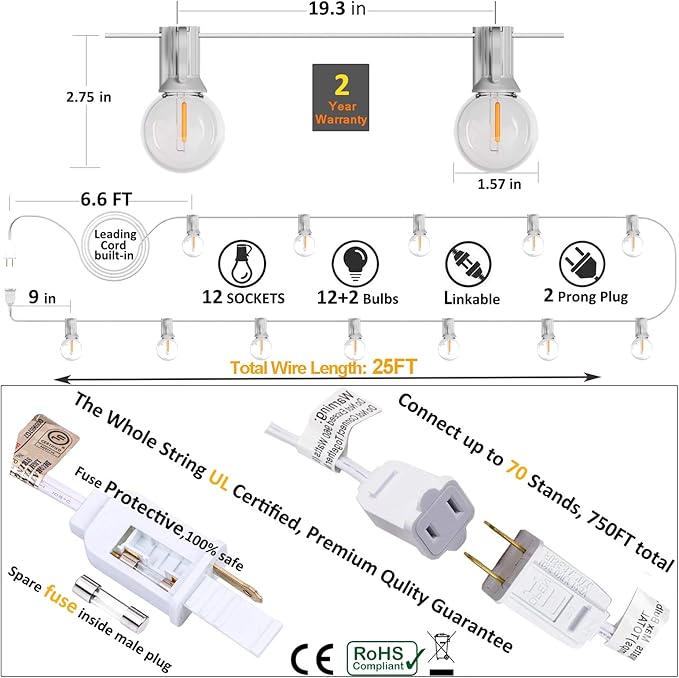 Outdoor Globe String Lights White - G40 Outdoor Lights Patio String Lights Linkable Waterproof with 14 Shatterproof Clear Bulbs(2 Extra) for Wedding Party Pergola Gazebo Lights