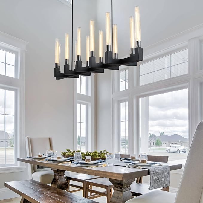 Black 12-Lights Modern Chandelier with Glass Tube, 54in Chandeliers Rectangular Luxurious Large Chandelier Fixture Ceiling Pendant Lighting for Dining Living Room, Foyer