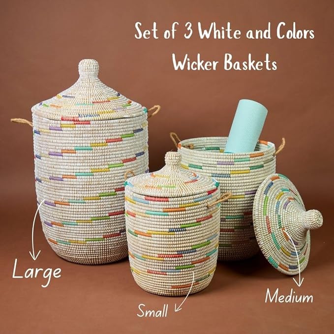 Basket for Decor, Organizing, Storage - Living Room Blankets, Nursery Toys, Laundry, Towels, Pillows, Comforter, Cushion - Wicker, Woven, Round, Lid and Handles, Colors on White, Small