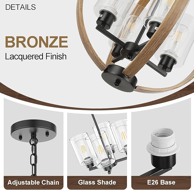 Farmhouse Chandelier Light Fixture, 18in Rustic Dining Room Chandeliers with Glass Shade 4-Light Globe Lighting Fixtures Retro Pendant Lamp for Kitchen Island Entrance Living Room