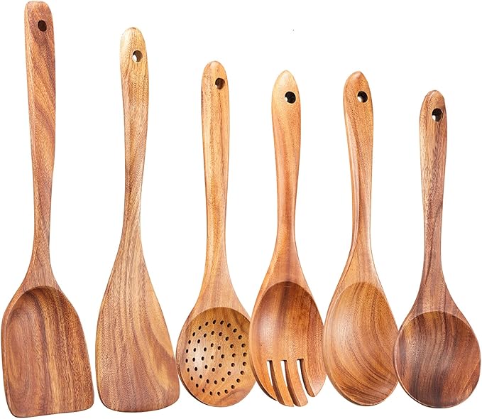 Wooden Kitchen Utensils Set,GUDAMAYE 6 PCE Wooden Spoons for Cooking,Wooden Cooking Utensils,Natural Teak Wooden Spoons For Non-stick Pan