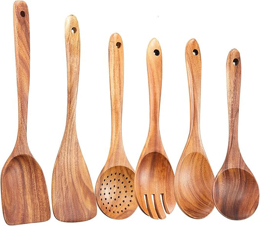 Wooden Kitchen Utensils Set,GUDAMAYE 6 PCE Wooden Spoons for Cooking,Wooden Cooking Utensils,Natural Teak Wooden Spoons For Non-stick Pan