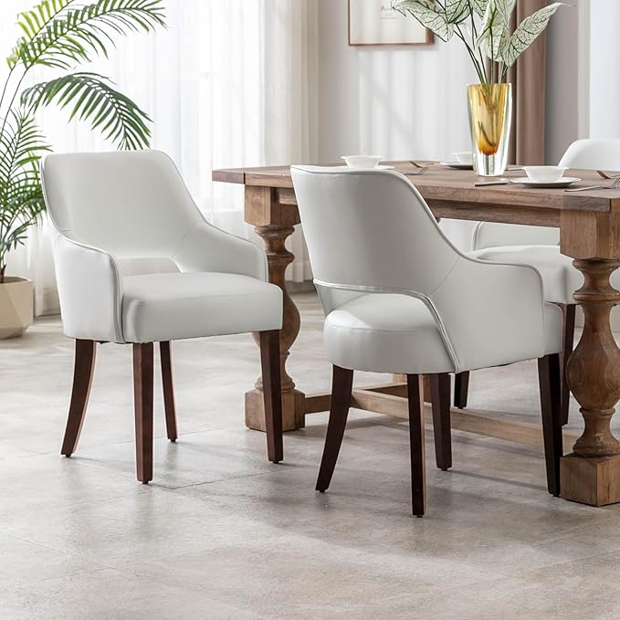 Farmhouse Dining Chairs Set of 2 PU Leather Upholstered Accent Side Chair Wood Kitchen Chairs for Living Room/Dining Room/Bedroom/Restaurant, Upgraded Size, White