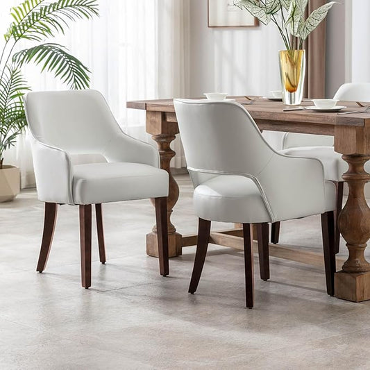 Farmhouse Dining Chairs Set of 2 PU Leather Upholstered Accent Side Chair Wood Kitchen Chairs for Living Room/Dining Room/Bedroom/Restaurant, Upgraded Size, White