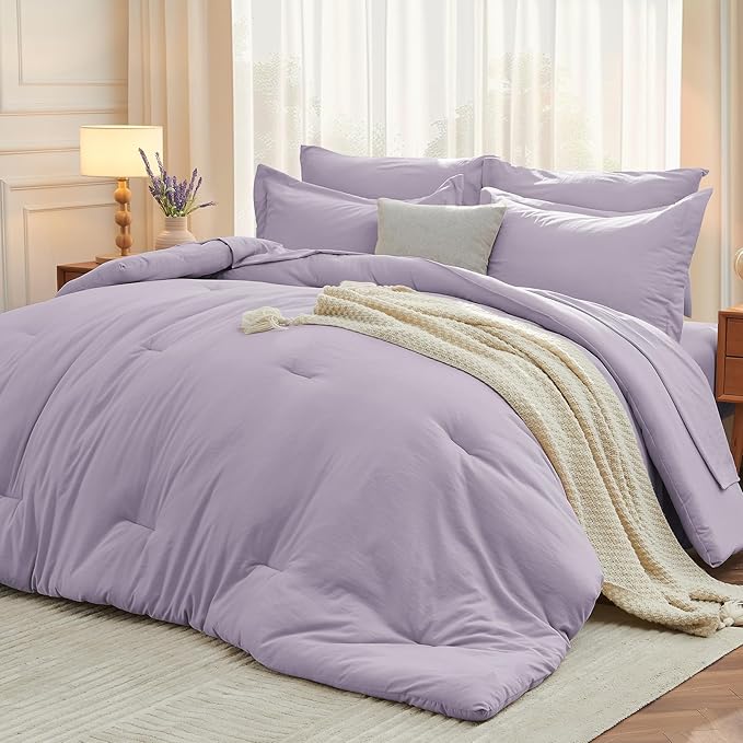 MUXHOMO 7 Pieces Queen Comforter Set, Soft Bed in a Bag Queen Size, All Season Bedding Set with Comforter, Flat Sheet, Fitted Sheet, Pillowcases & Shams, Lavender