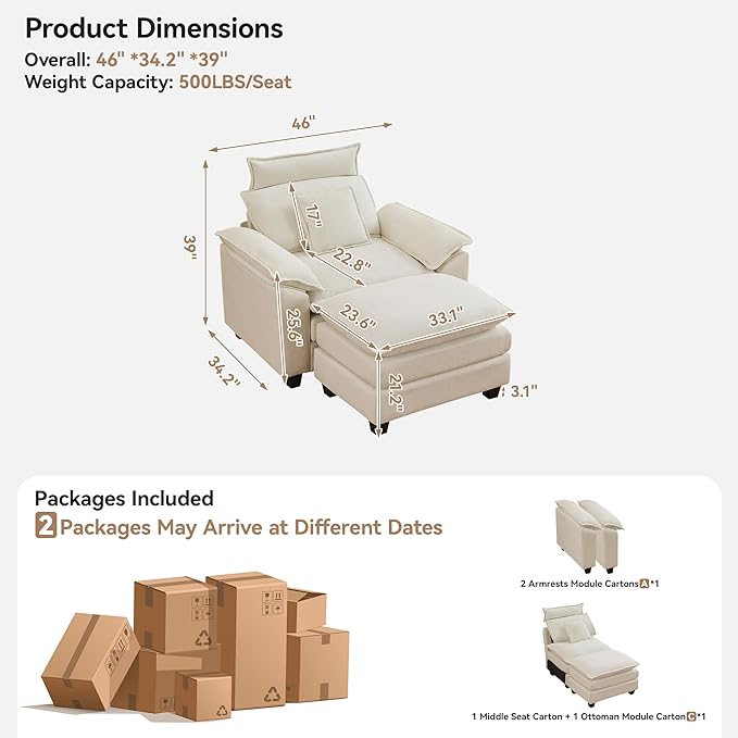 46''Cloud Oversized Sofa Chair with Detachable Headrest, Upholstered Comfy Arm Accent Chair with Ottoman,Modern Chenille Reading Lounge Armchair for Living Room,Bedroom, Beige