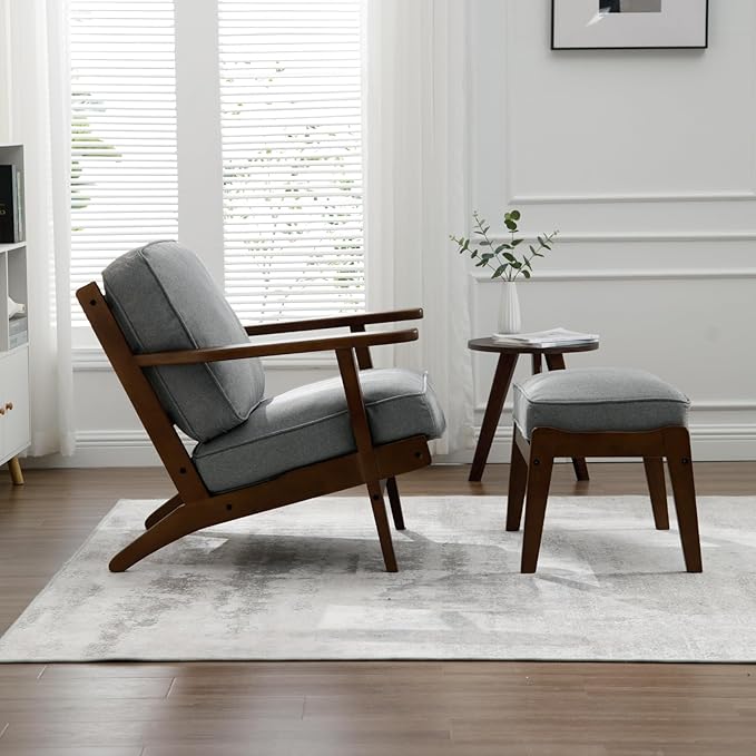 Living Room Accent Chairs Set of 2 Mid Century Modern Reading Arm Chair with Ottoman, Fabric Bedroom Chair with Soild Wood Frame, Elegant Upholstered Side Chair, Grey-Fabric