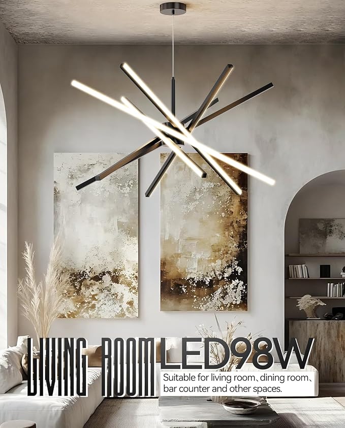 Modern Sputnik Chandelier Ceiling LED Black Pendant Light Embedded Mount Chandeliers Dining Room Light Fixtures Over Table Dimmable with Remote Control for Living Room Kitchen Bedroom (6-Light Black)