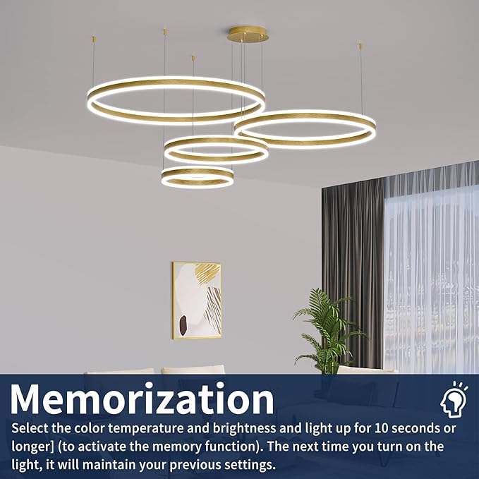 Modern LED Chandelier Light, 4 Ring Gold Pendant Lighting Fixture, Adjustable Hanging Ceiling Lamp for Dining Room, Kitchen Island, Entryway, Living Room, Dimmable Dining Lights Over Table