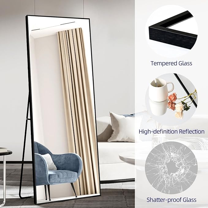 65"x24"Full Length Mirror with Stand,Black Full Body Mirrorr,Shatterproof Tempered Glass&Aluminum Alloy Frame,Freestanding Large Mirror for Bedroom,Living Room,Dressing Room