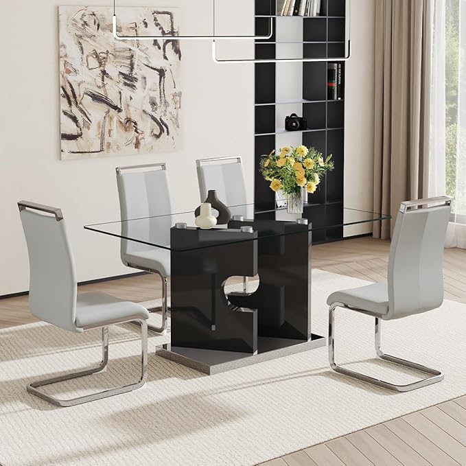 Glass Dining Room Table Set for 4,Dining Table Set for 4 with PU Leather Chairs,Retangular Dining Table with MDF Table Legs and Sliver Base for Dining Room