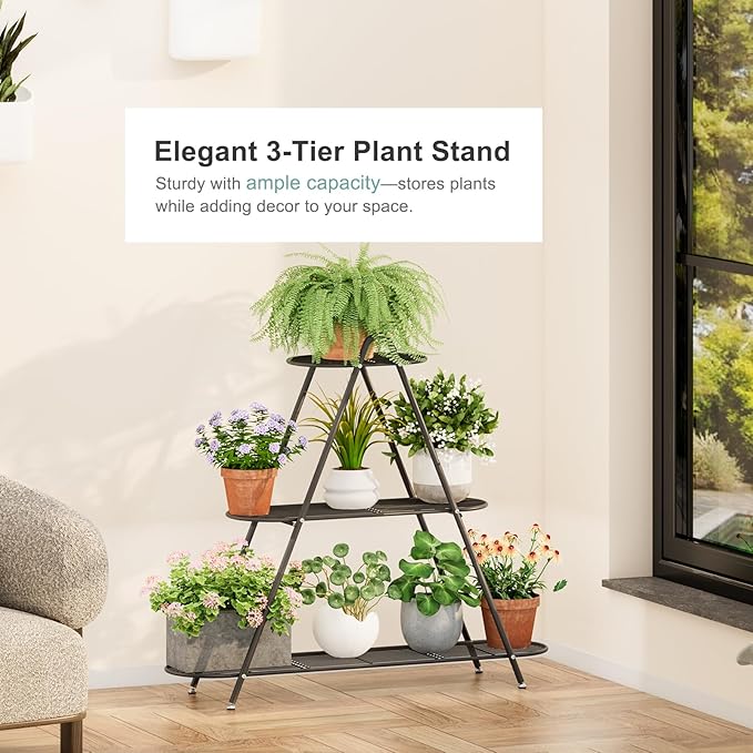 3-Tier Plant Stand, Heavy Duty Metal Planter Rack -Indoor/Outdoor Shelves with Large Tier’s Shelf - Display Multiple Flower Pots, Iron Plant Organizer for Living Room, Patio & Garden