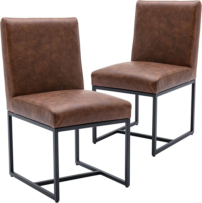 VESCASA Faux Leather Upholstered Dining Chairs with Black Metal Frame, Mid Century Modern Padded Kitchen Chair with Adjustable Foot Pads for Restaurant, Dining Room, Set of 2, Brown