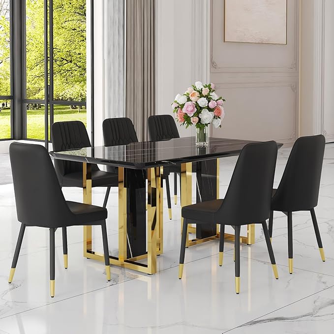 TesNus 63" Black Dining Table Set for 6 with Chairs,Modern Faux Marble Rectangular Kitchen Table and Chairs Set Luxury 7 Piece Dining Room Set with Gold Metal Legs,Easy Assemble,Stable Base