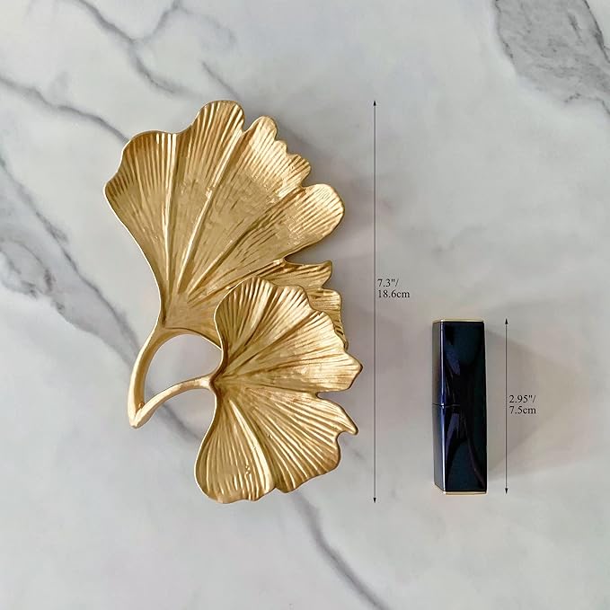 Metal Jewelry Dish, Small Leaf Shaped Ring Holder Jewelry Organizer, Trinket Dish Vanity Tray for Dresser Christmas Birthday Wedding Gifts 2-Tier Ginkgo(Large)-gold