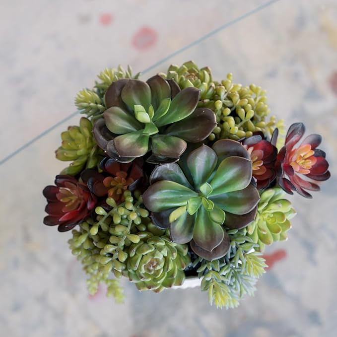 Round Faux Succulent Arrangement, 12" Premium Artificial Indoor Plant Enhances Interior Design, Display on Any Surface in Your Home Adding an Inviting Touch of Nature, White Planter Pot Included