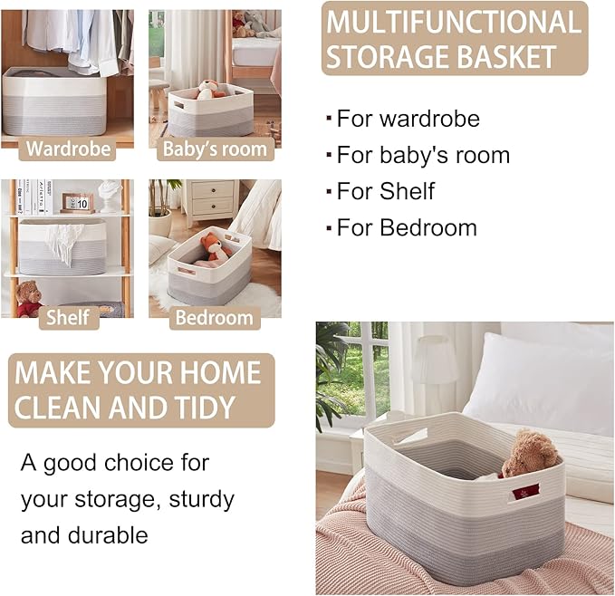 OIAHOMY Large Blanket Basket, 22”x17”x12” Rectangle Woven Baskets, Nursery Blanket Storage Living Room, Toy Storage With Handle, Large Baskets for Organizing-Gradient Grey