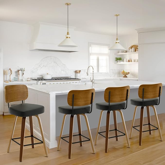 Swivel Counter Height Bar Stools Set of 4, Mid-Century Modern Upholstered Faux Leather Barstools with Wood Back, 26" Seat Height Bar Stools for Kitchen Island, Black Seat and Walnut Frame