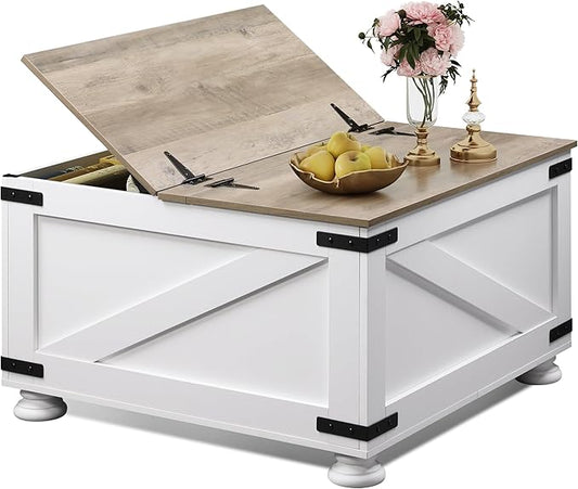 WLIVE Farmhouse Coffee Table, 31.5" Square Wood Center Table with Flip-Top Lids and Large Hidden Storage Compartment for Living Room, Bedroom, White