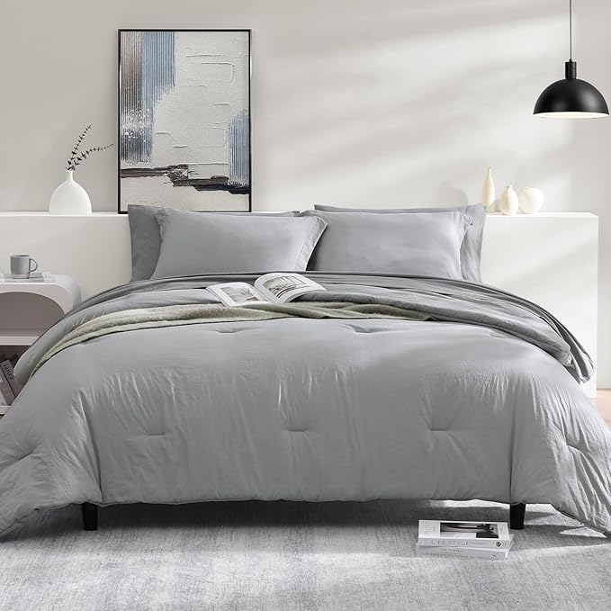 WRENSONGE Light Grey King Comforter Set, 7 Pieces Soft Microfiber King Size Comforter with Fitted Sheet, Flat Sheet, 2 Pillow Shams, and 2 Pillowcases- Warm King Bedding Set for All Season