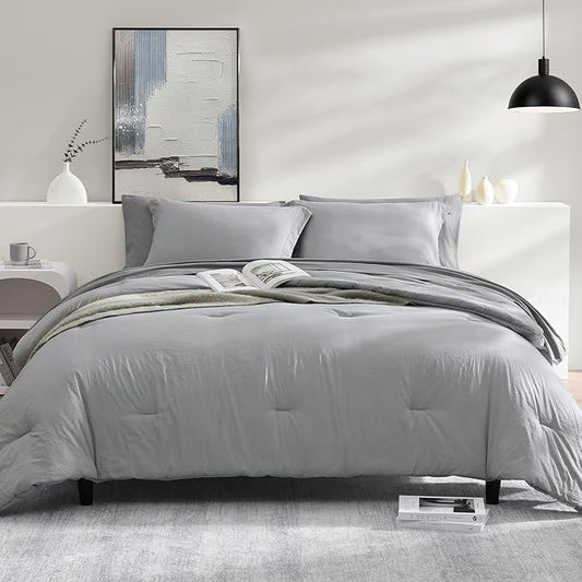 WRENSONGE Light Grey King Comforter Set, 7 Pieces Soft Microfiber King Size Comforter with Fitted Sheet, Flat Sheet, 2 Pillow Shams, and 2 Pillowcases- Warm King Bedding Set for All Season
