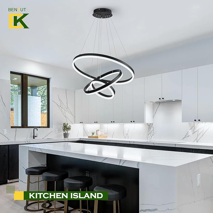 3-Rings D23.6 Modern LED Chandelier Black Dimmable Pendant Lighting with Remote Control Circular Flush Mount High Ceiling Light for Dining Room Living Room Bedroom Entrance Foyer, 3000K-6500K