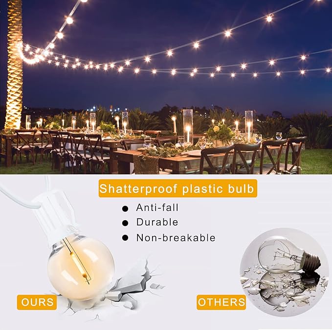 Outdoor String Lights Waterproof Patio LED 100FT G40 Globe String Lights with 53 Shatterproof Clear Bulbs(3 Extra) for Indoor/Outdoor Wedding Pergola Gazebo White String Lights