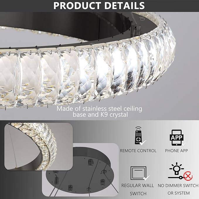 5 Ring Large Crystal Chandelier Modern LED Dimmable High Ceiling Chandelier Ring Contemporary Pendant Light Fixture for Living Room Foyer Staircase Gold D40''