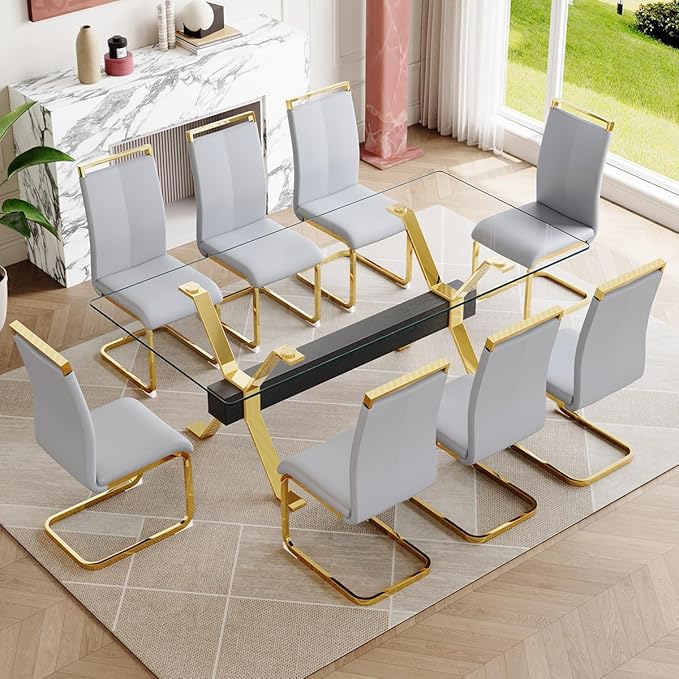 9 Piece Glass Dining Table Set, Kitchen Table Chairs Set for 8, 71'' Dining Table with 0.4" Tempered Glass Tabletop with Plated Metal Legs and MDF Crossbar, 8 PU Chairs for Dining Room, Kitchen.
